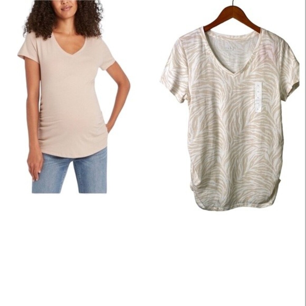 Isabel Maternity Zebra Print  Shirred V-Neck Short Sleeve Tee Top T-Shirt Beige